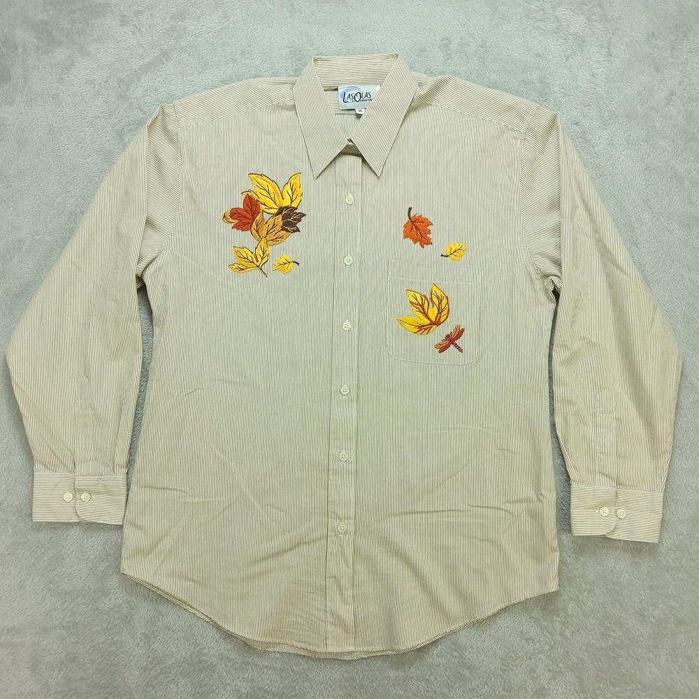 Las Olas Womens Medium Long Sleeve Embroidered Fall Leaves Striped Button Down